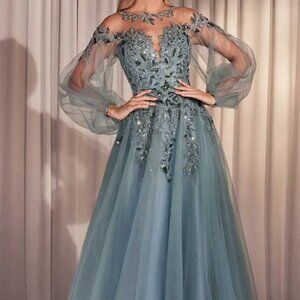 NWT Andrea and Leo A1263 Mother of the Bride Bishop Sleeve Dress Blue Size 14